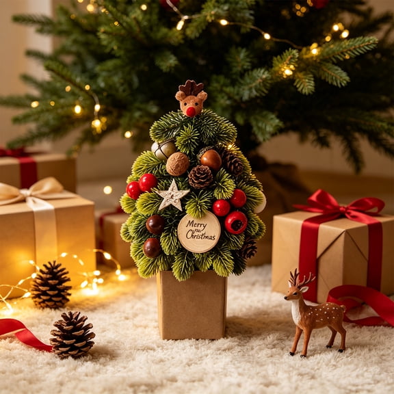 Tabletop Christmas Tree With Reindeer Pinecone Berries, Small Artificial Potted Tree for Winter Holiday Desktop Centerpiece, 13.78-Inch Home Ornament