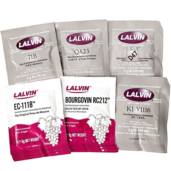 Lalvin Home Brewing and Wine Making Super Sampler Pack (5 Each-RC212, EC-1118, K1-V1116, QA23, 71B, D47)