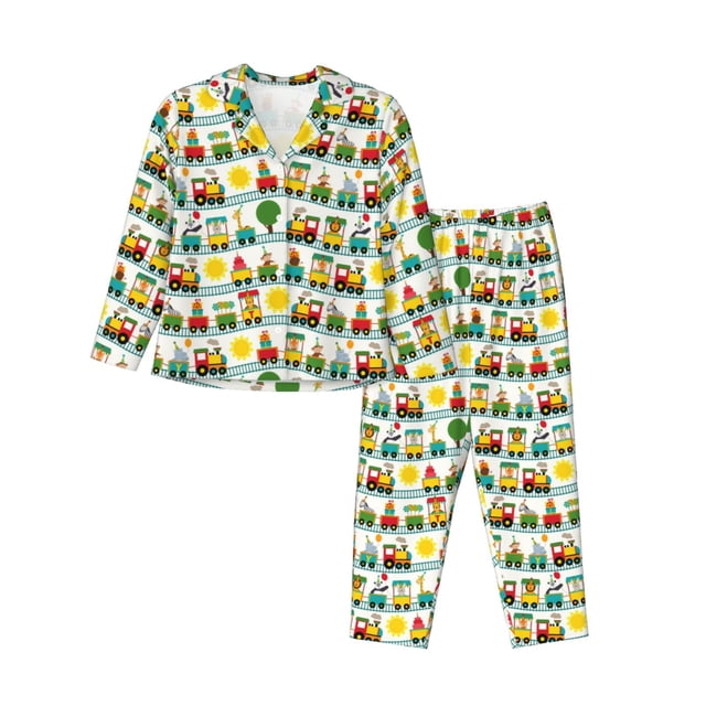 Balery Train With Animals Conjunto de Pijama con Estampado para Mujer, Conjunto de Dos Piezas con Manga Larga, Ropa de Dormir Suave con Bolsillos, Pijamas Cómodos-XX-Large