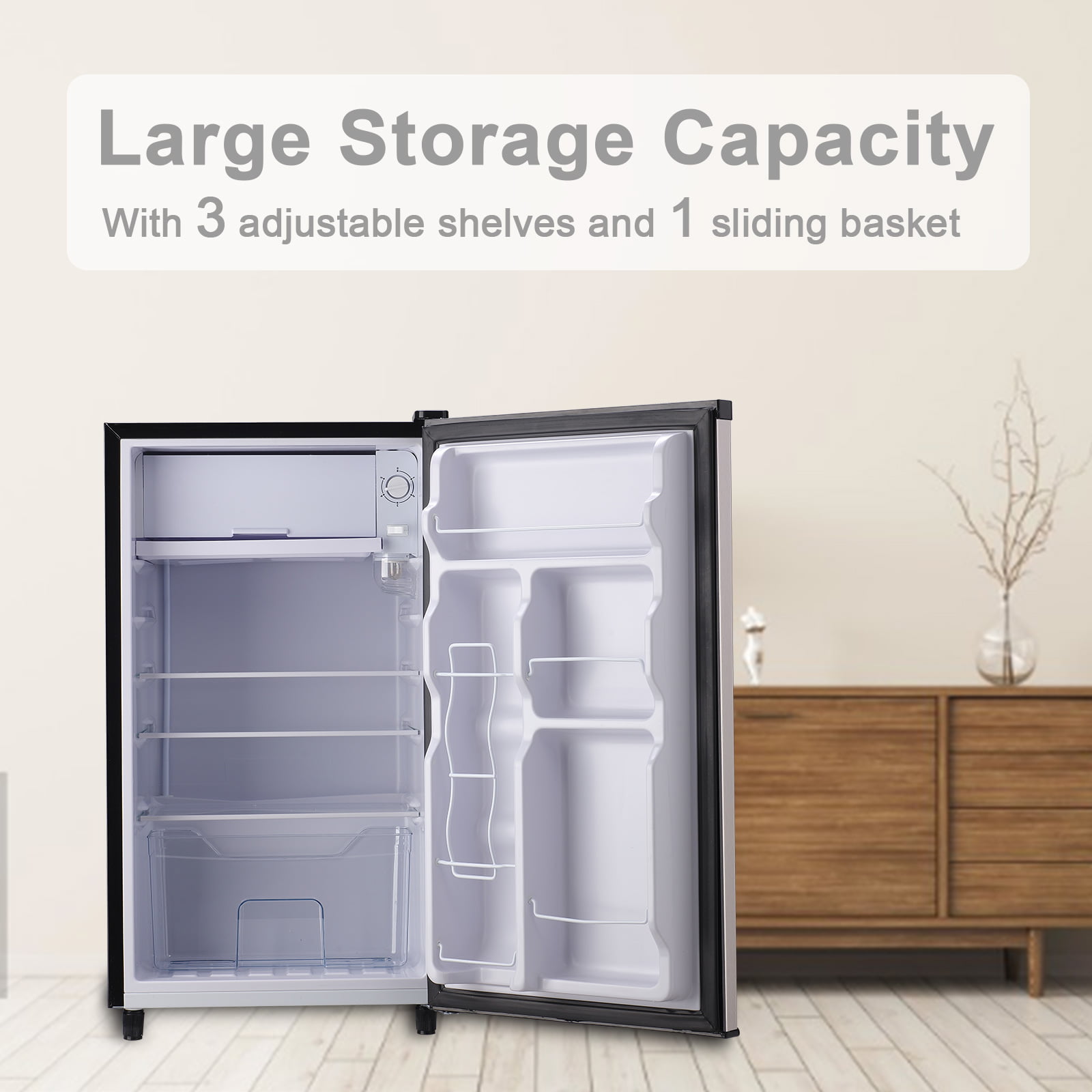 WANAI Compact Refrigerator 3.2 CU.FT Mini Fridge with Freezer Single Door  Adjustable Temperature Side Door Wire Rack suit for Dorm Office Apartment