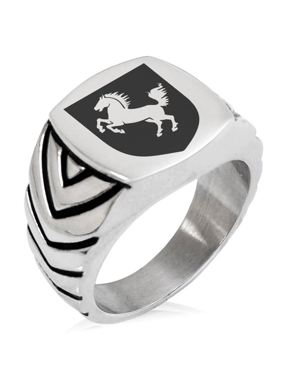 Stainless Steel Horse Battle Coat of Arms Shield Chevron Pattern Biker Style Polished Ring