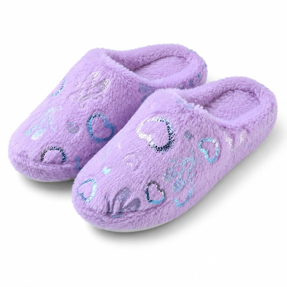 Women’s Fuzzy Heart Memory Foam House Slippers, Soft Plush Closed-Toe Slip-On Indoor Shoes with Textured Sole