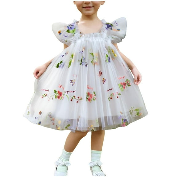 Hrsba Girls Cute Casual Dress Summer Solid Color Sleeveless Tank Dress Mesh Embroidered Dress Round Neck Soft Fabric for Summer Daily Wear Girls Beach Dress