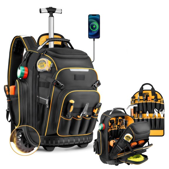 Tool Bag,Tool Backpack With Wheel,Heavy Duty Rolling Tool Bag with Molded Base,Black
