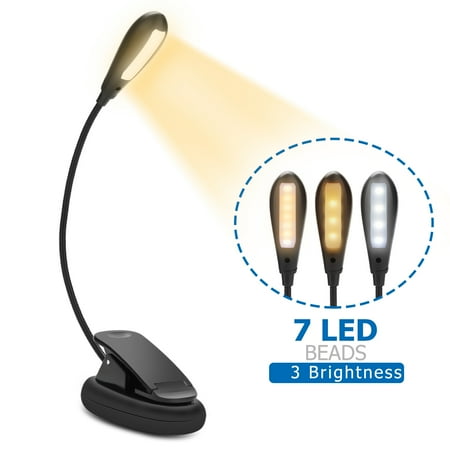 Kindle Rechargeable Light LED Clip Book Light, Rechargeable 7 LED 3-Level Eye-care Brightness Book Lamp Gooseneck Bed Tablet Reading Lamp, Flexible Easy Clip On Music Stand Light for Night Reading, Kindle, Flight ,Travel ,Kids ()