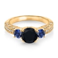 thumbnail image 2 of Gem Stone King 18K Yellow Gold Plated Silver Black Onyx Blue Created Sapphire and White Moissanite Engagement Ring for Women (1.86 Cttw, Gemstone December Birthstone, Round 7MM and 4MM, Size 7), 2 of 3