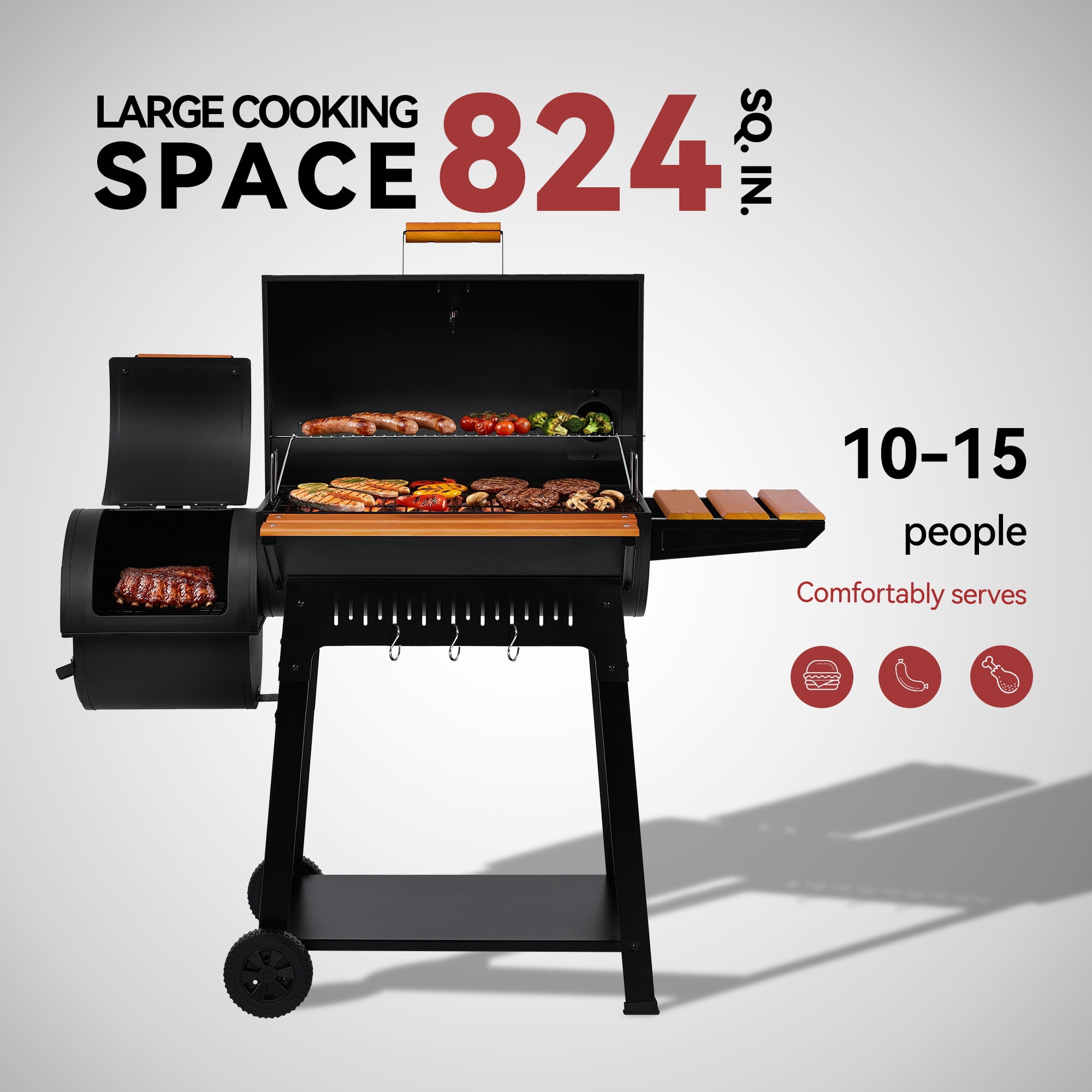 Royal Gourmet Barrel Charcoal Grill with Offset Smoker for Backyard Cooking, Black