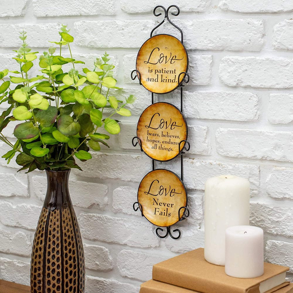 Set of 3 Mini Ceramic Wall Plates with Metal Hanger Love Never Fails 