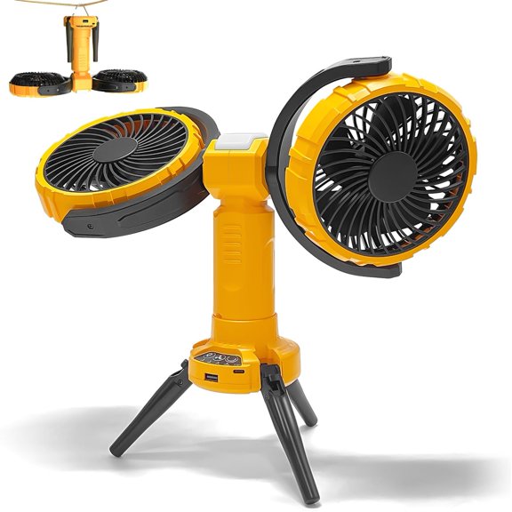 Dual-Head Camping Fan with LED Light - 8000mAh USB Rechargeable, 4 Speeds & 2 Light Modes - 270° Oscillation, Foldable Hook for Tent/RV/Patio Use