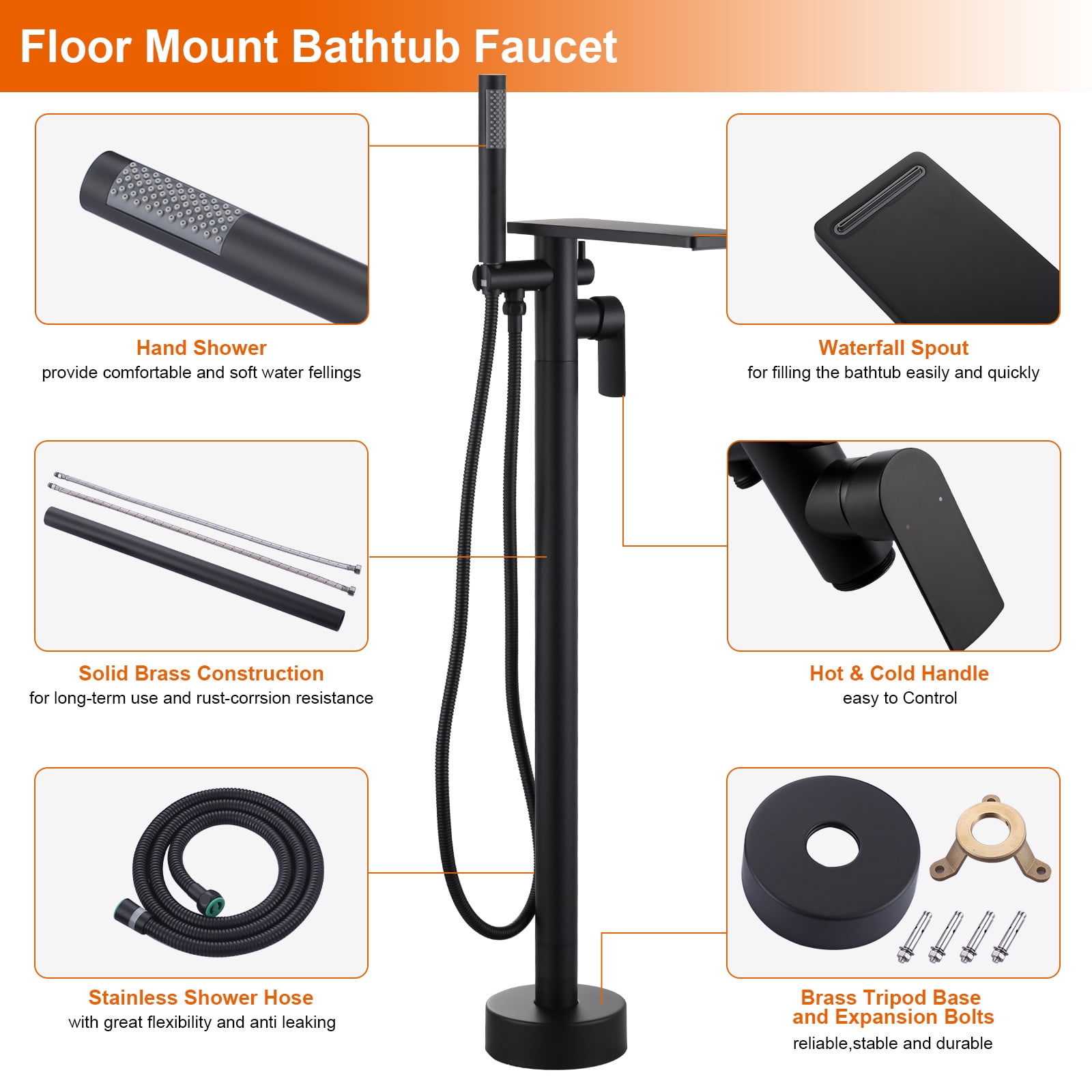 Wowow Brass Freestanding Bathtub Faucet Single-Handle Floor Mount Claw Foot Tub Faucet with Hand Shower in Matte Black
