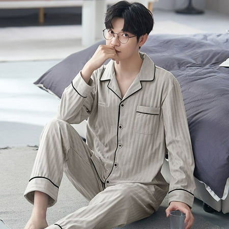

CoCopeaunt New spring and autumn mens home wear cardigan long-sleeved pants pajamas set lapel loose pajamas men sleepwear