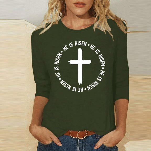 HOMBOM Y2k Tops Army Green 3/4 Sleeve Easter Cross Print Shirts Crew Neck Easter Tops Women XXL