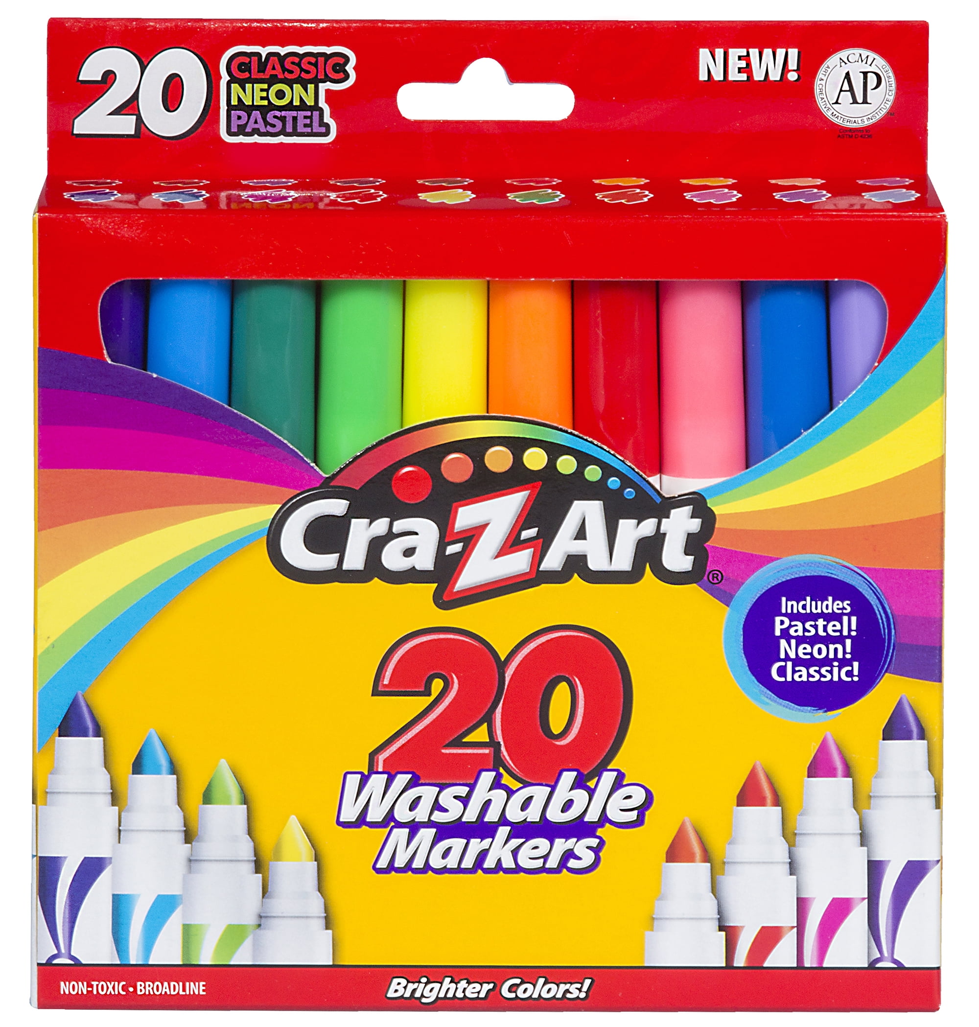 Cra-Z-Art Washable Broadline Markers, 20 Count, Classic, Neon, and Pastel C...