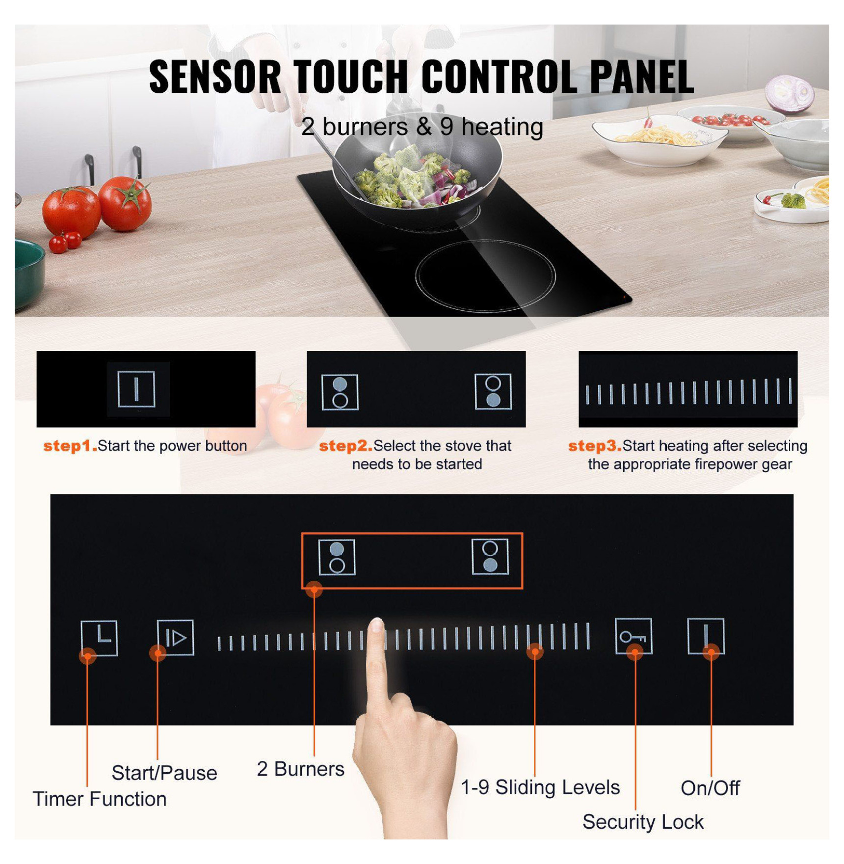 Electric Stove Top 2 Burner, 20x11.6 inch 110V Built-in Radiant Cooktop, Sensor Touch Control, Timer, Child Lock, 9 Power Levels for Boiling, Simmering, Frying