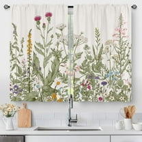Floral Plant Kitchen Curtains, Farmhouse Rustic Spring Botanical Wildflower Flowers Small Short Cafe Window Curtain Over Sink Bathroom Dining Room Decor Rod Pocket Window Drapes 2 Panels 36"x28"