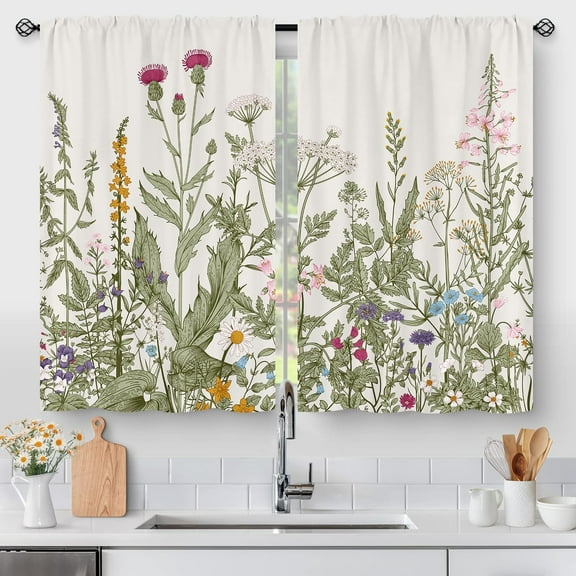 Floral Plant Kitchen Curtains, Farmhouse Rustic Spring Botanical Wildflower Flowers Small Short Cafe Window Curtain Over Sink Bathroom Dining Room Decor Rod Pocket Window Drapes 2 Panels 36"x28"