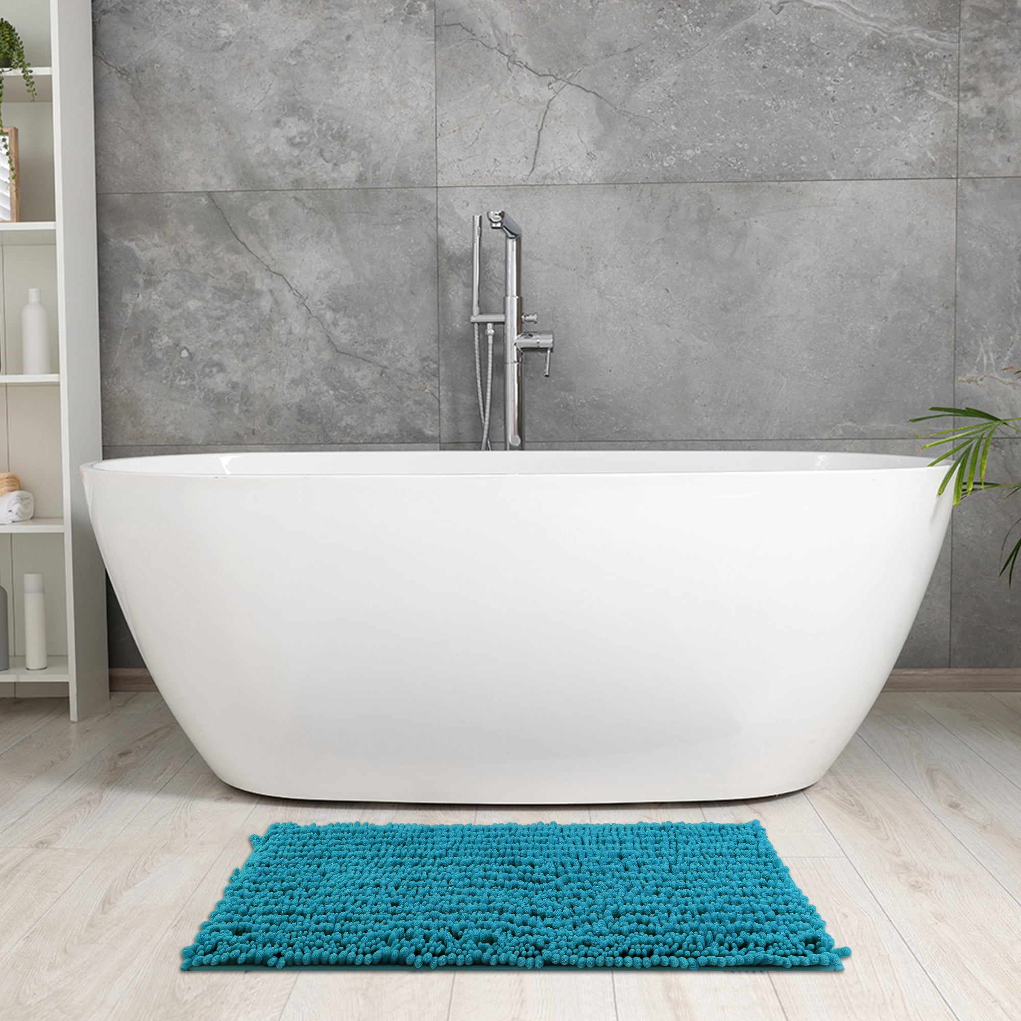 Unique Bargains Chenille Bathroom Rugs Non-Slip Bath Rugs Plain Washable Soft Shower Mat Blue 16" x 24"