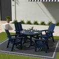 thumbnail image 2 of WestinTrends Ashore 5 Pieces Adirondack Outdoor Dining Set, All Weather Poly Lumber Slatted Modern Farmhouse Patio Furniture Set, 47" Trestle Round Table and 4 Adirondack Dining Chair, Navy Blue, 2 of 8