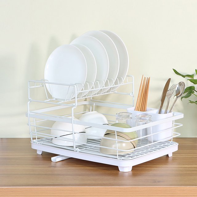 Tableware Shelf Simple Iron Double Layer Plate Bowl Tableware Drain Rack for Kitchren White