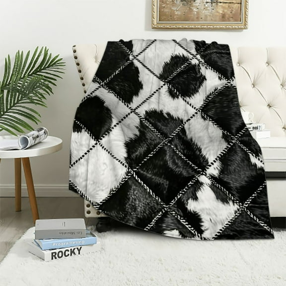 BCIIG Cow Fur Print Kids Throw Blanket,Abstract Cow Skin Patchwork Bed Blanket for Boys Girls Adults,Cowhide Rustic Farmhouse Fleece Blanket,Black White Chic Fuzzy Blanket,  40x50in