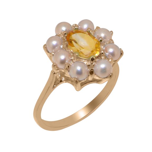 LBG British Made 9k Rose Gold Natural Citrine & Cultured Pearl Womens Cluster Ring - 33 size options - Size 11.25