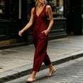 thumbnail image 6 of IUYRTFE Women Cotton Linen V Neck Button Down Jumpsuit Sleeveless Wide Leg Romper with Pockets, 6 of 7