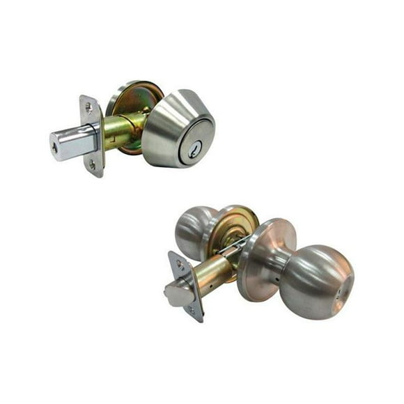 Faultless 5002034 Ball Satin Stainless Steel Metal Entry Knob & Single Cylinder Deadbolt - 3 Grade Right Handed