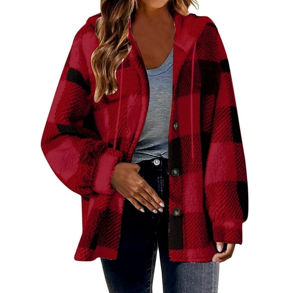 bbyeadc Womens Flannel Shacket Button Down Fleece Lined Flannel Jacket for Women Lapel Collar Casual Plaid Shackets Plus Size Trendy Outwear with Pocket, Red 2XL