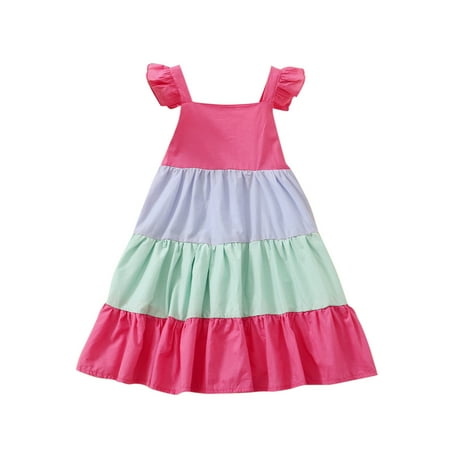

Toddler Girls Casual Fly Sleeve Rainbow Beach Dress Princess Dresses