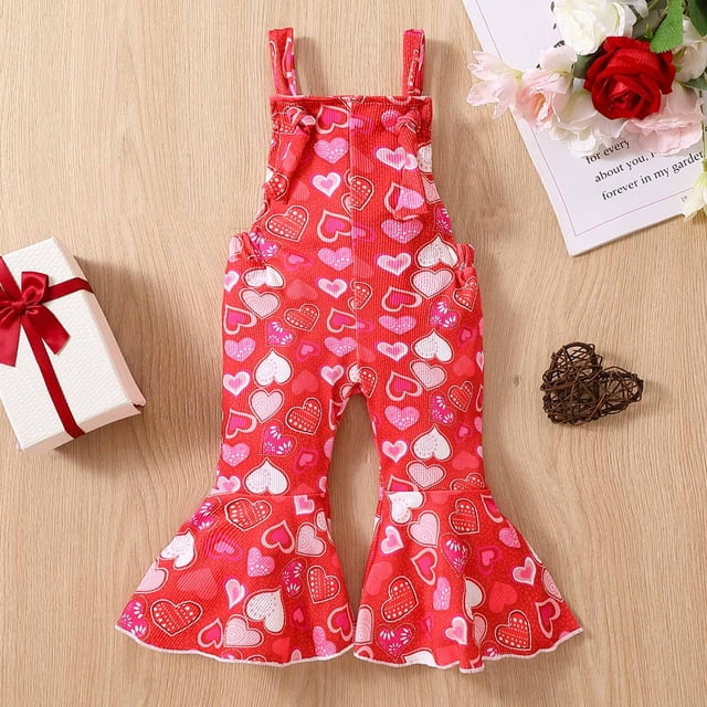 LSLJS Barboteuse Sans Manches à Bretelles pour Bébé Fille, Imprimé Cœur, Saint-Valentin, Pantalon Évasé