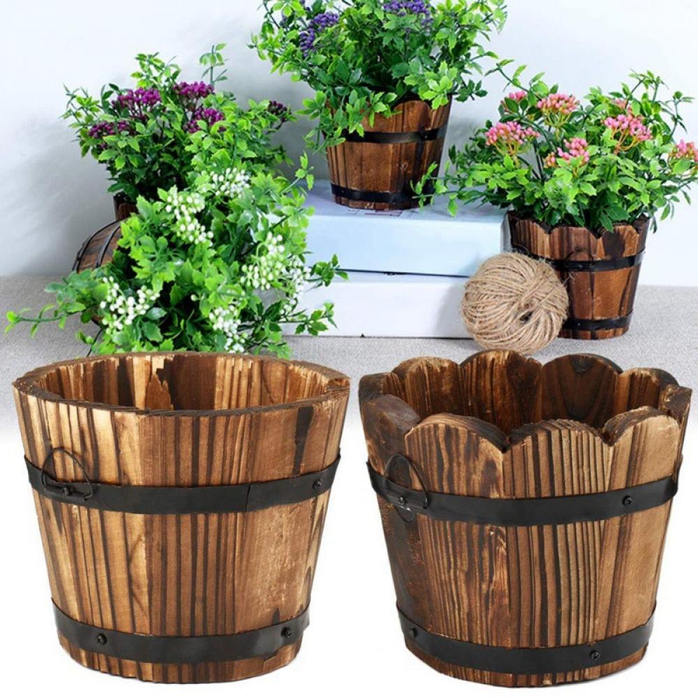 Wooden Bucket Barrel Planters Rustic Flower Pots Boxes Container with