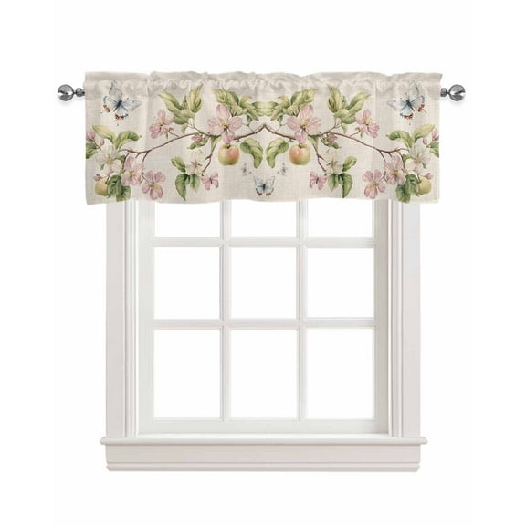 Country Pink Flowers Kitchen Valances for Windows Farmhouse Linen Window Valance Curtain for Living Room Window Treatment Retro Spring Plants Butterfly Valance Rod Pocket Topper Drape, 60 x 18 Inch