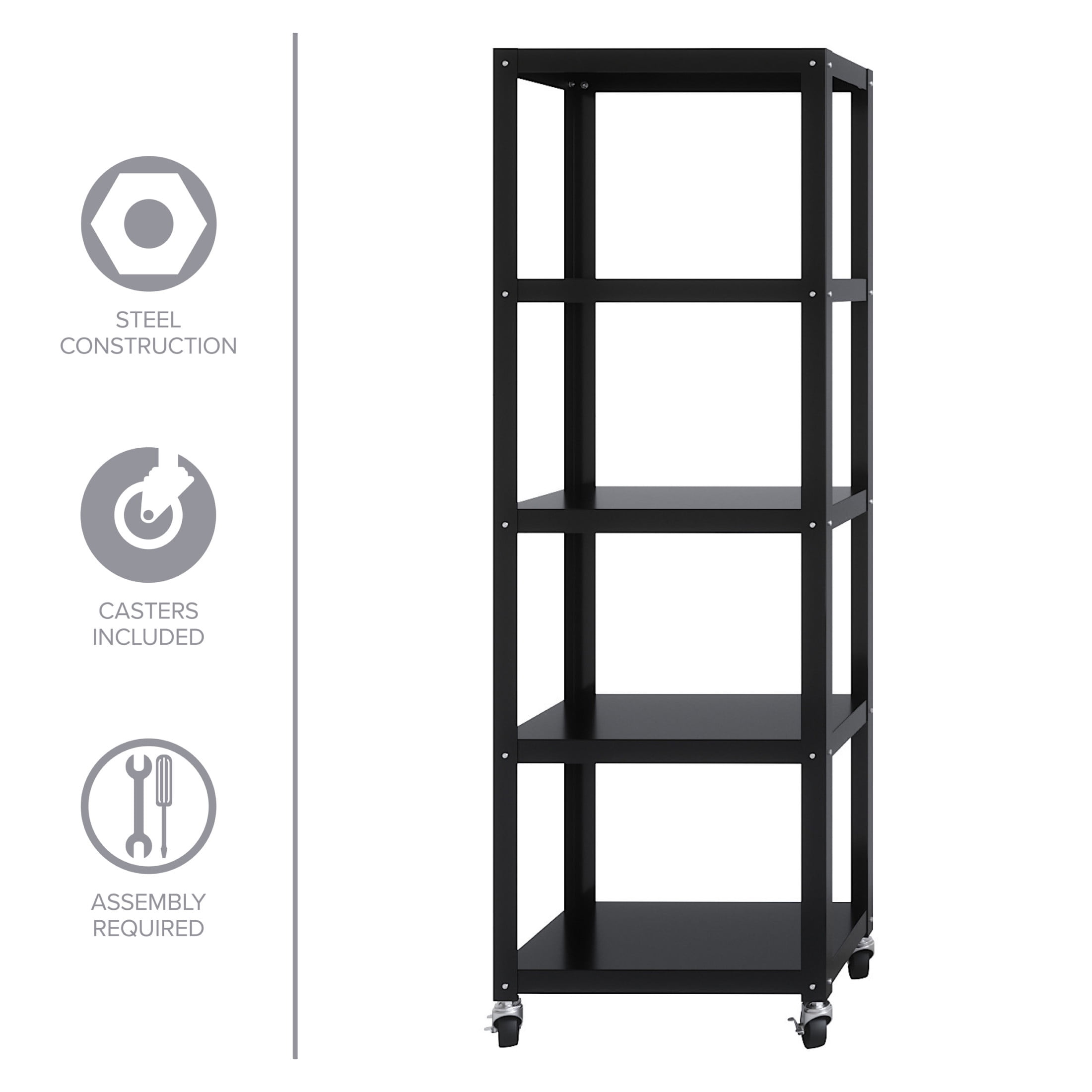 Office Dimensions 72" High Rolling 5 Shelf Bookcase, Industrial Metal, Black