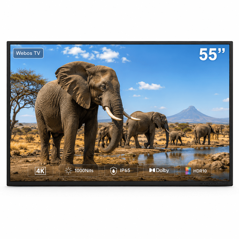 Nexella 55" 4K Smart Outdoor TV for Partial Sun, 1000-Nit Ultra Bright Weatherproof TV, IP65 Waterproof & Rustproof Aluminum Frame, HDR10, Dolby Sound