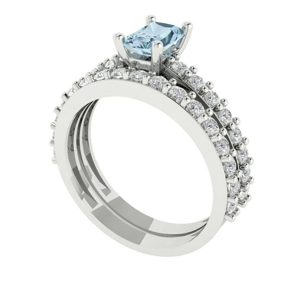 Clara Pucci 18K White Gold 1.325 Natural Swiss Blue Topaz Engraveable Engagement Ring Wedding Band Set