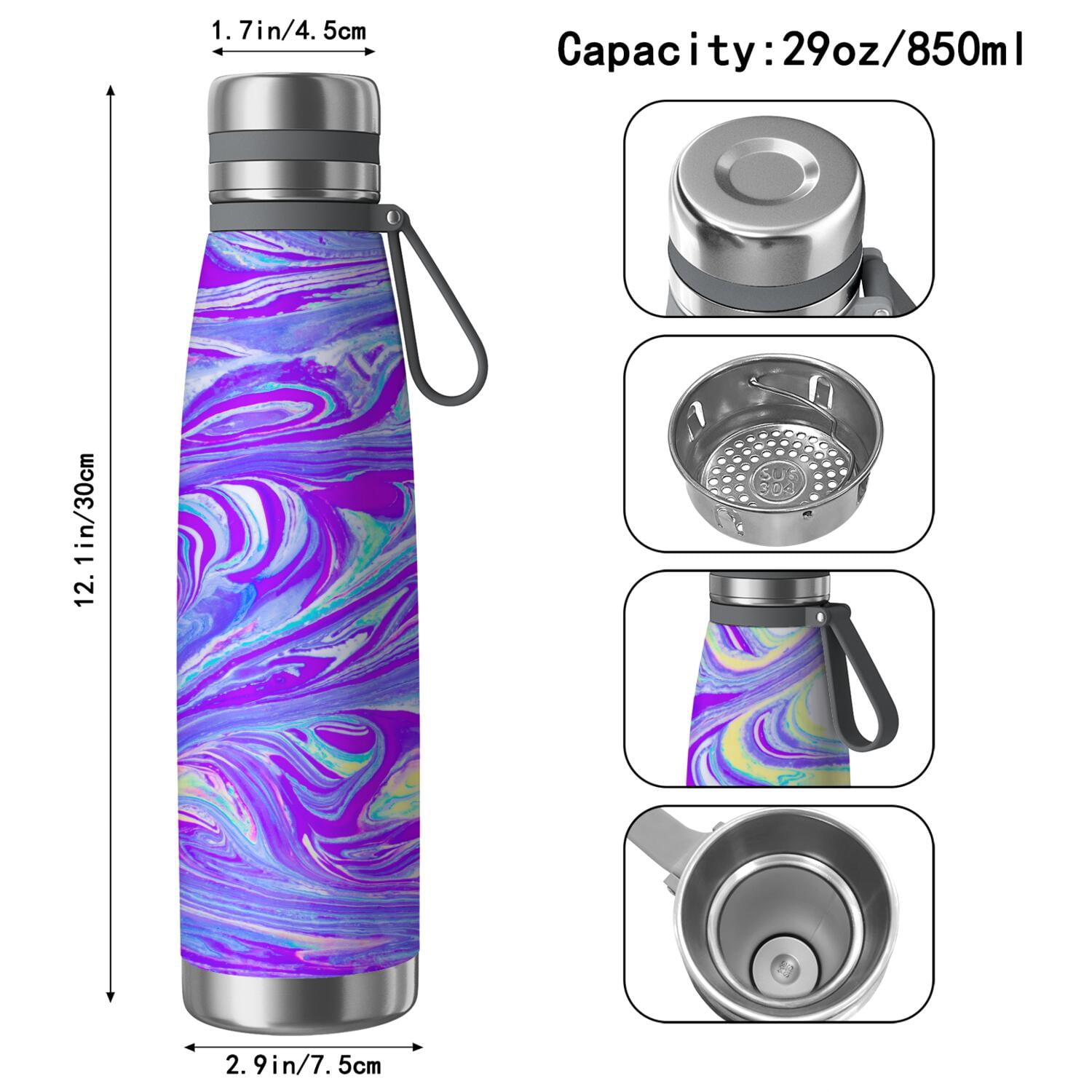 29oz Insulated Water Bottle with Tea Infuser, Stainless Steel Travel Mug, Liquid & Marble Print