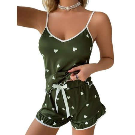 

Woobling Ladies Sleepwear Heart Print Lounge Set Pjs Nightwear Women Polka Dot Dailywear Pajamas Sets Army Green L