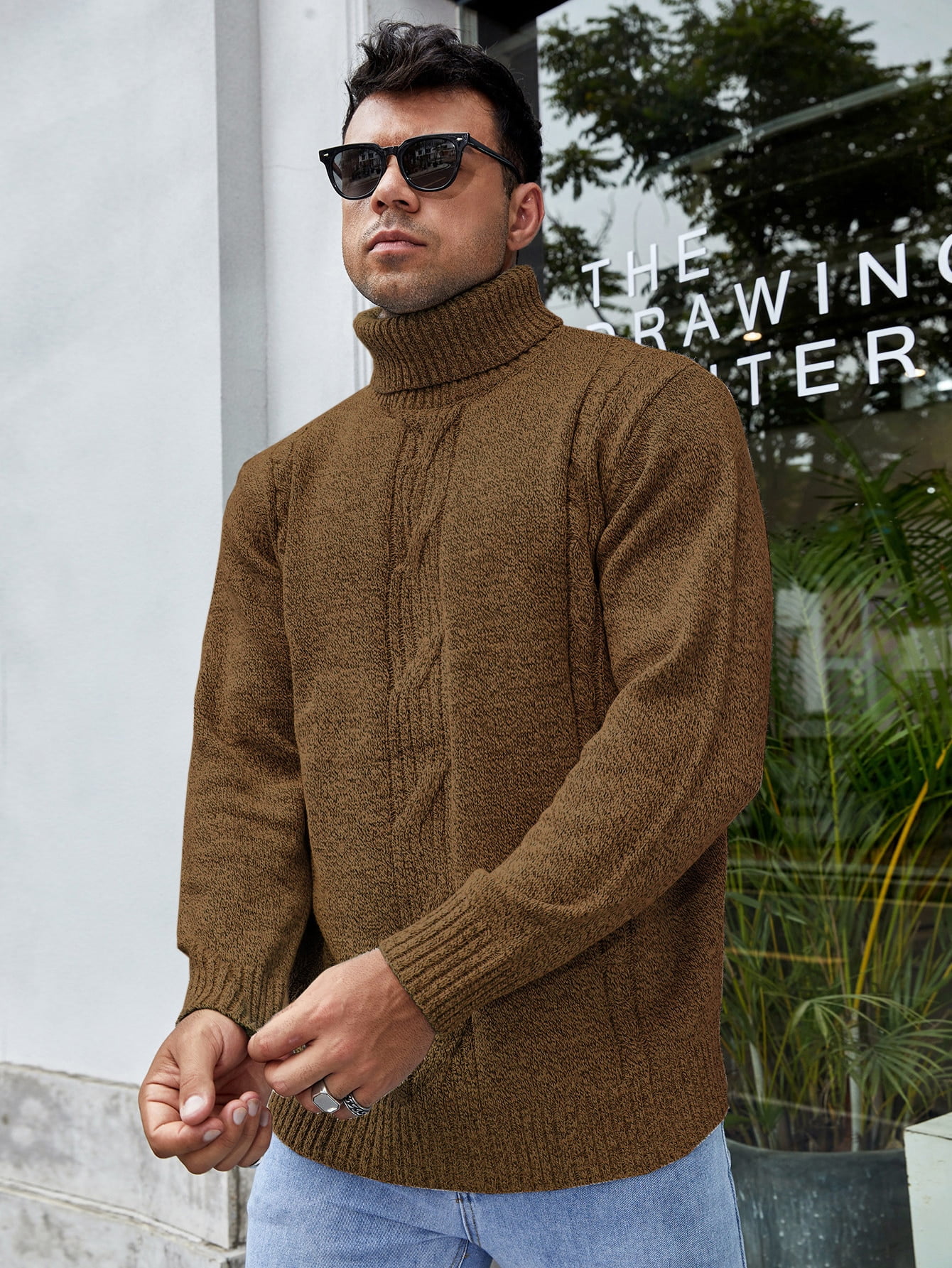 Mocha Brown Casual Men Turtleneck Cable 