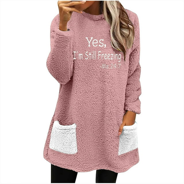 Penkiiy Chandails en Molleton Doublés Sherpa pour Femmes Col Rond Chandail Molletonné Chaud d'Hiver avec Poches 2024 TG Rose