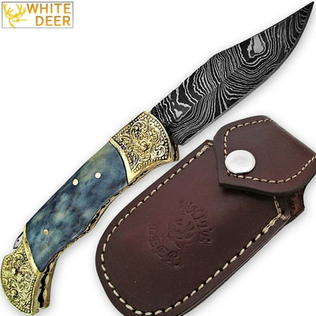 WHITE DEER Lockback Damascus Folding Knife Grey Giraffe Bone Handle Engraved (Best Deer Knife 2019)