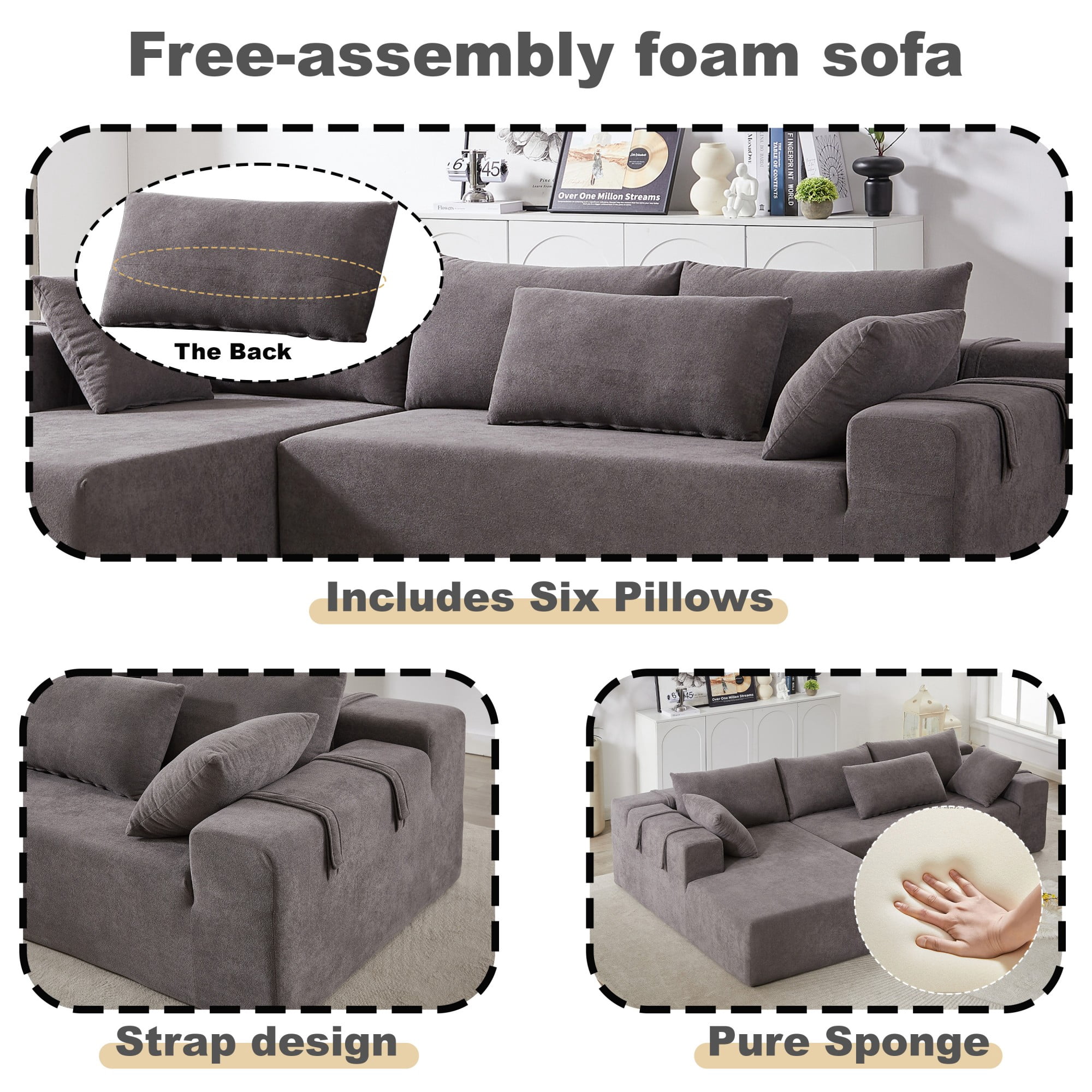 Modern Upholstered Sectional Sofa Couch,108" L Shaped Chenille Modular Free Combination Sofa Couch With 6 Pillows for Living Room,Bedroom,Left Chaise,Grey
