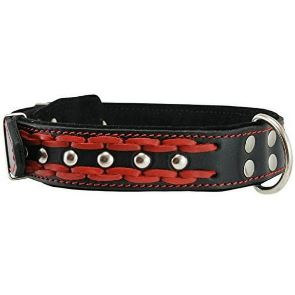 High Quality Genuine Leather Braided Studded Dog Collar, Red on Black 1.6" Wide. Fits 19"-24" Neck, Large