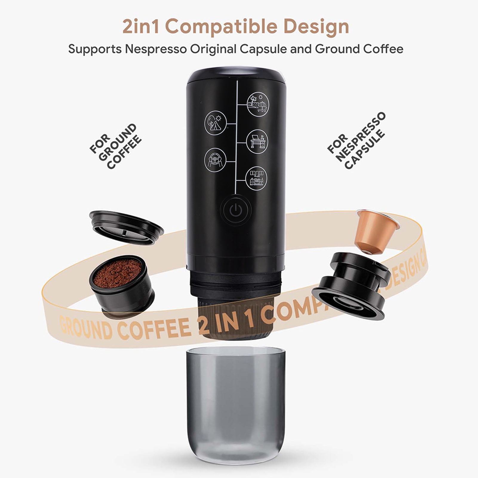 Riousery Portable Coffee Maker 17Bar Electric Espresso Machine for Travel and Outdoor, Compatible with Powder and Capsules, BPA Free, 13.39 inches / 34 cm, Black