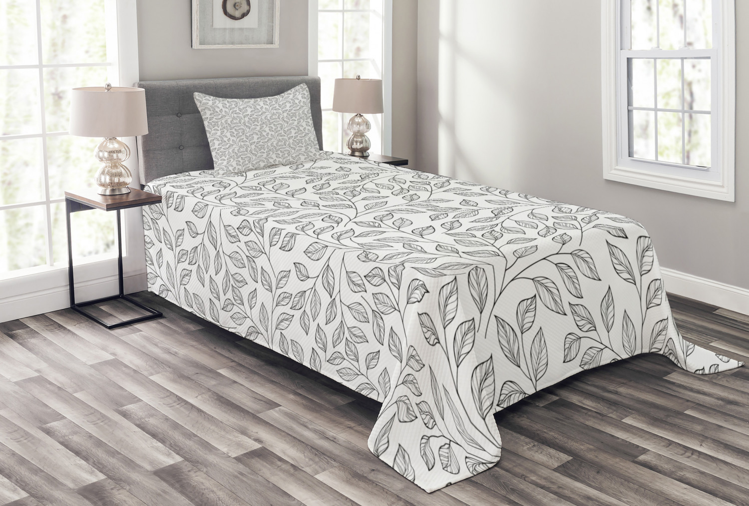 Leaves Bedspread Set, Hand Drawn Style Simple Minimalist Floral Pattern