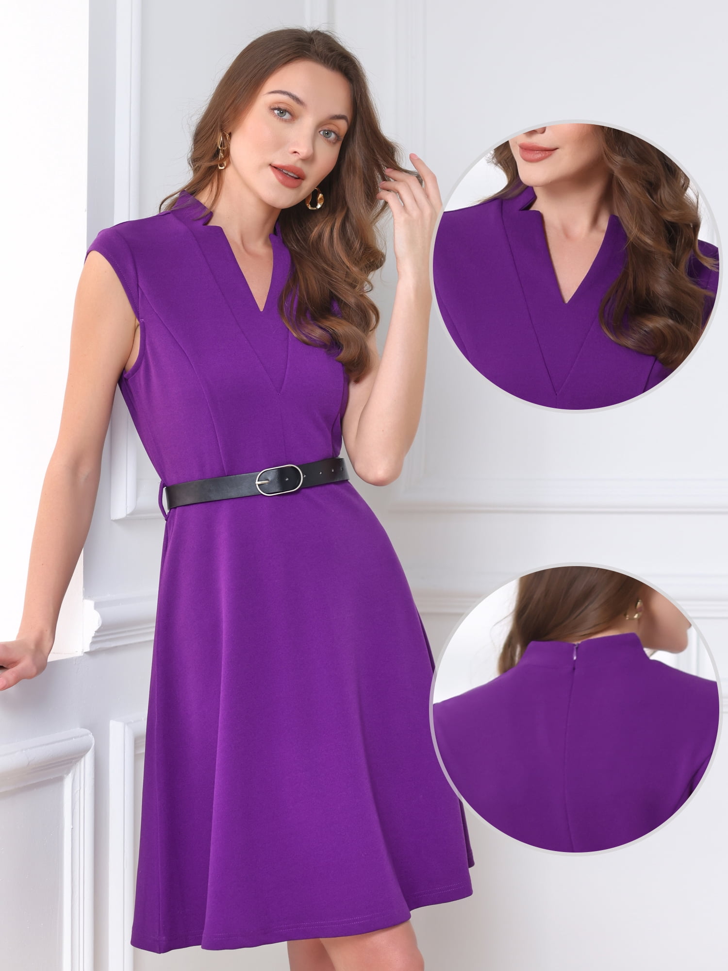 DARING DIVA Elegant Dress Split Neck Wear to Work Sleeveless Dresses S Grape Purple