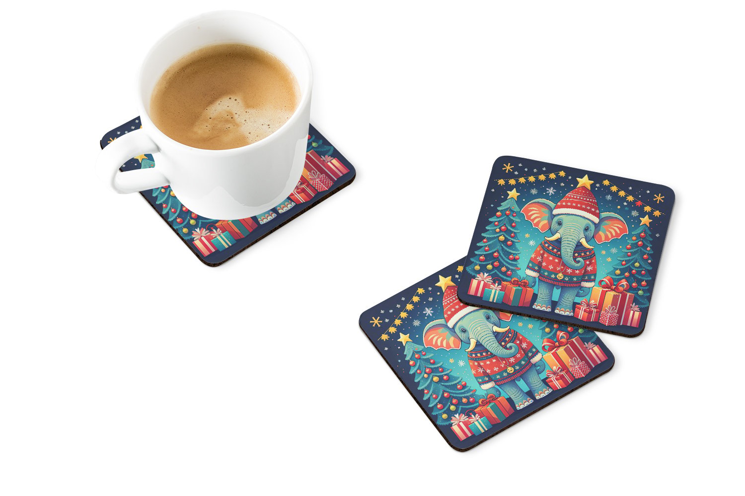 Elephant Christmas Foam Coaster Set of 4 3.5 in x 3.5 in