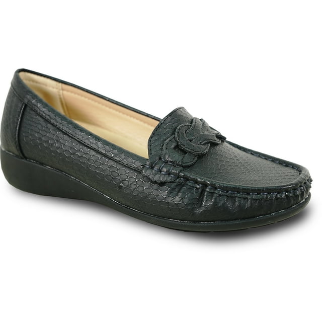 kozi Femme Confort Décontracté Chaussure Compensée à Enfiler Mocassin ML3256 Bout Rond Détail Chaîne Semelle Intérieure Amovible Noir Taille 9.5