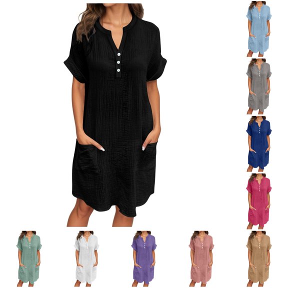 Women's V Neck Dress with Pockets Buttons, Spring Summer Flowy, Relaxed Fit Pure Color, Everyday Comfort