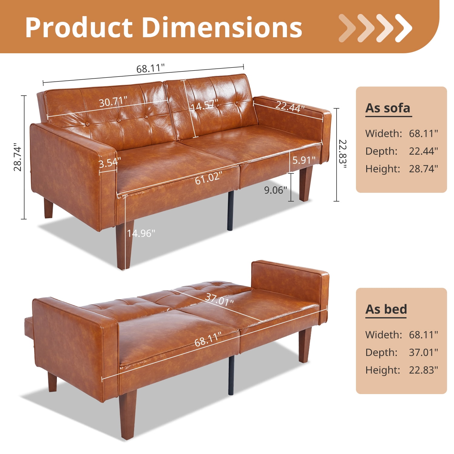 Loveseat Sofa, 68" Faux leather Futon Sofa Bed, Upholstered Convertible Sofa with Reclining Backrest