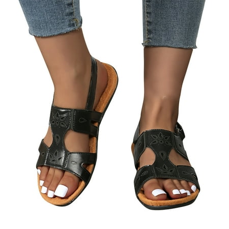 

Miluxas Flat Strap Sandals with Side Buckle Clasp Summer Spring Beach Shoes for Women Girls & Teens Black 5.5(36)